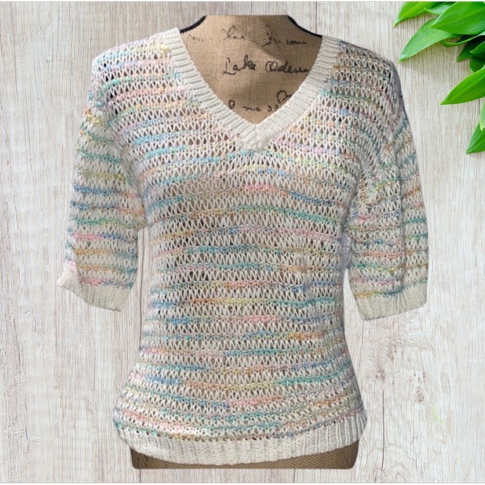 V-Neck Pastel Openwork Sweater - Cream Multicolor